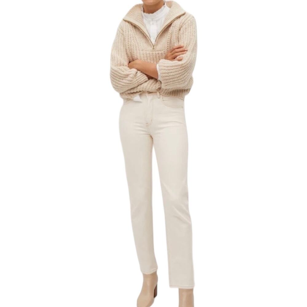 Mango MNG Cream Straight Leg Jeans 2 High Rise Off White Denim Chic Classic